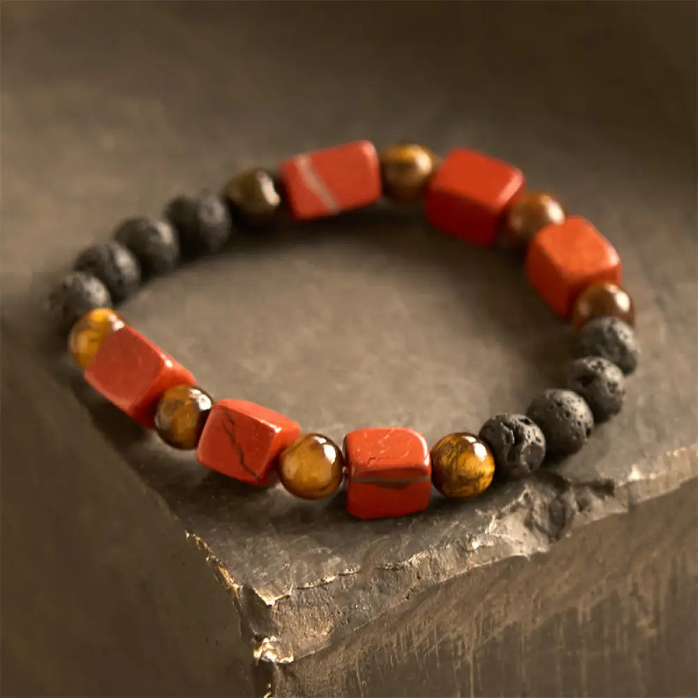 Buddha Stones Various Crystals Cube Amethyst Lava Rock Support Bracelet - BWOOOH - Red Jasper(Wrist Circumference: