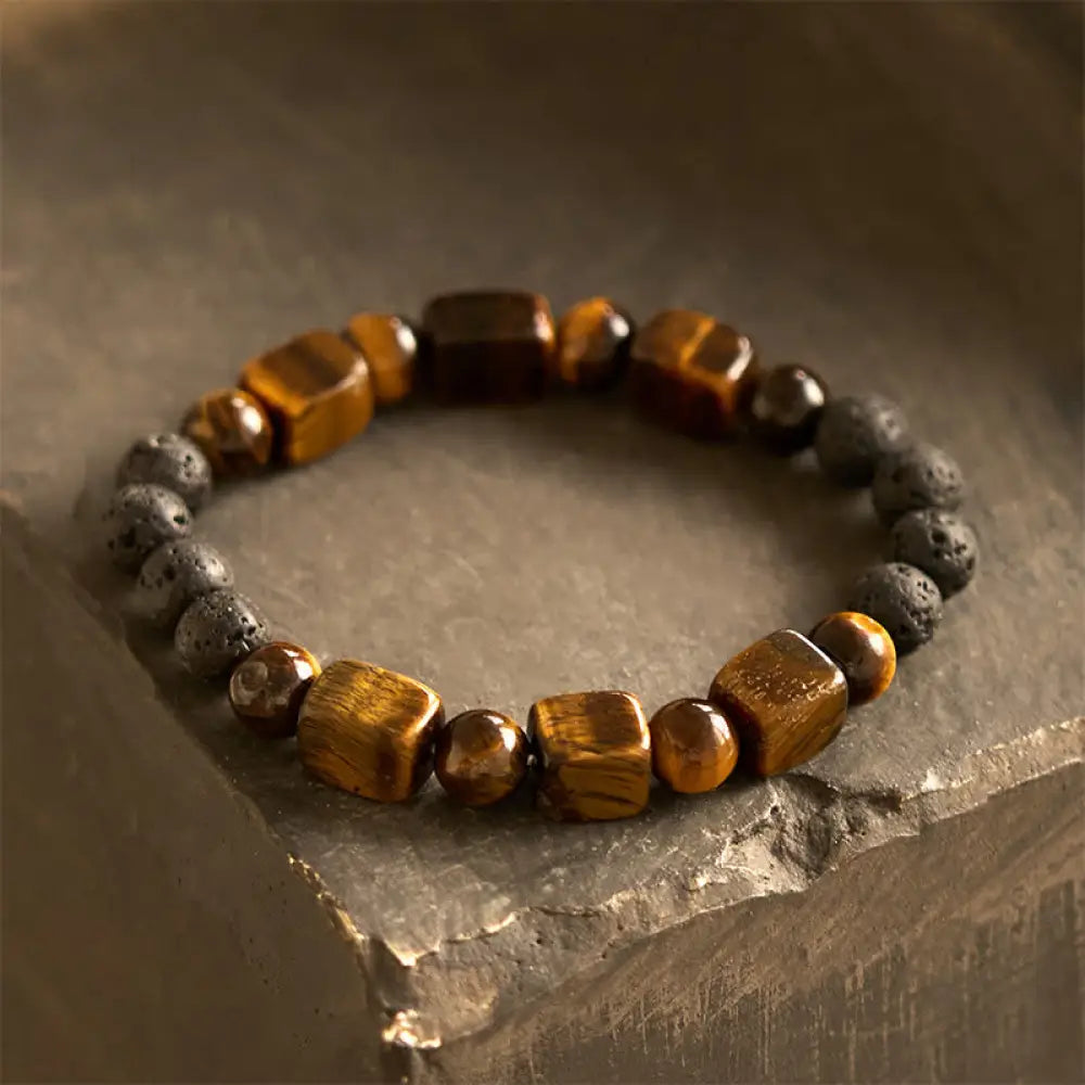 Buddha Stones Various Crystals Cube Amethyst Lava Rock Support Bracelet - BWOOOH - Tiger Eye(Wrist Circumference: