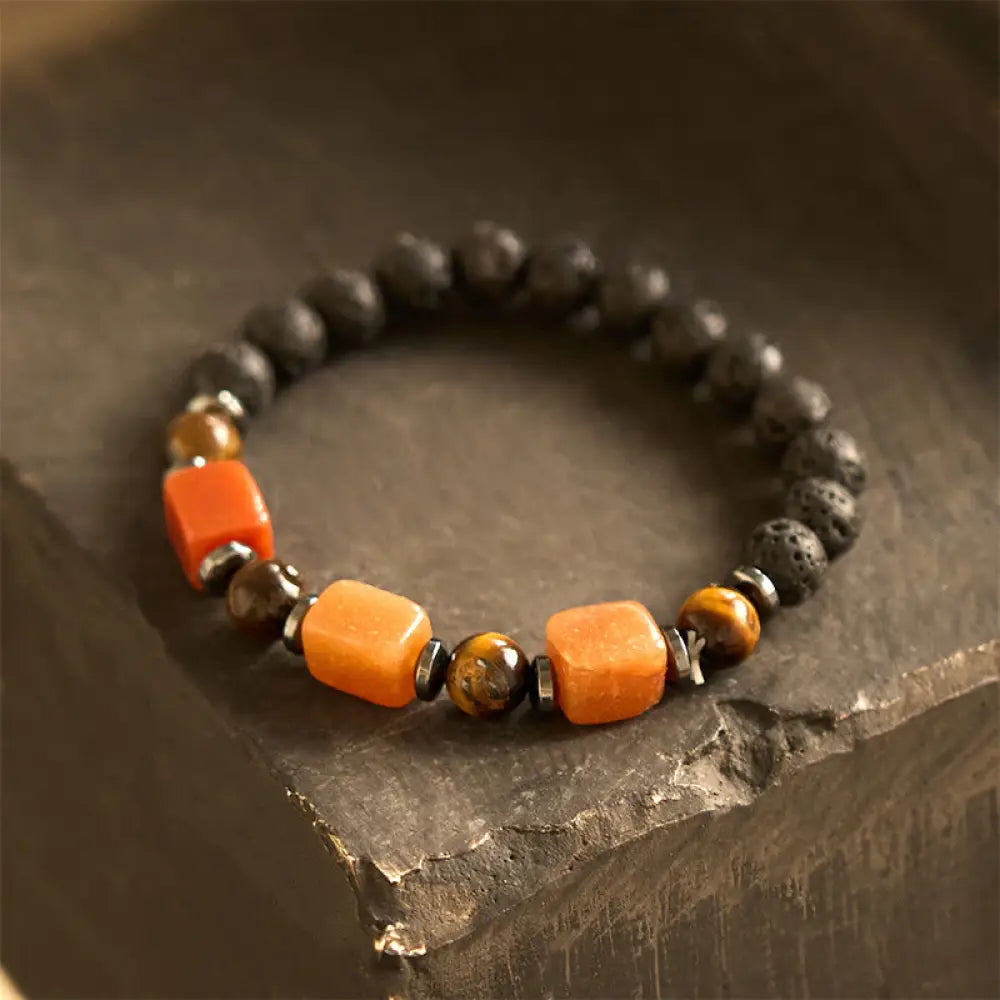 Buddha Stones Various Crystals Lava Rock Calm Bracelet - BWOOOH - Red Aventurine(Wrist Circumference: 14-16cm)