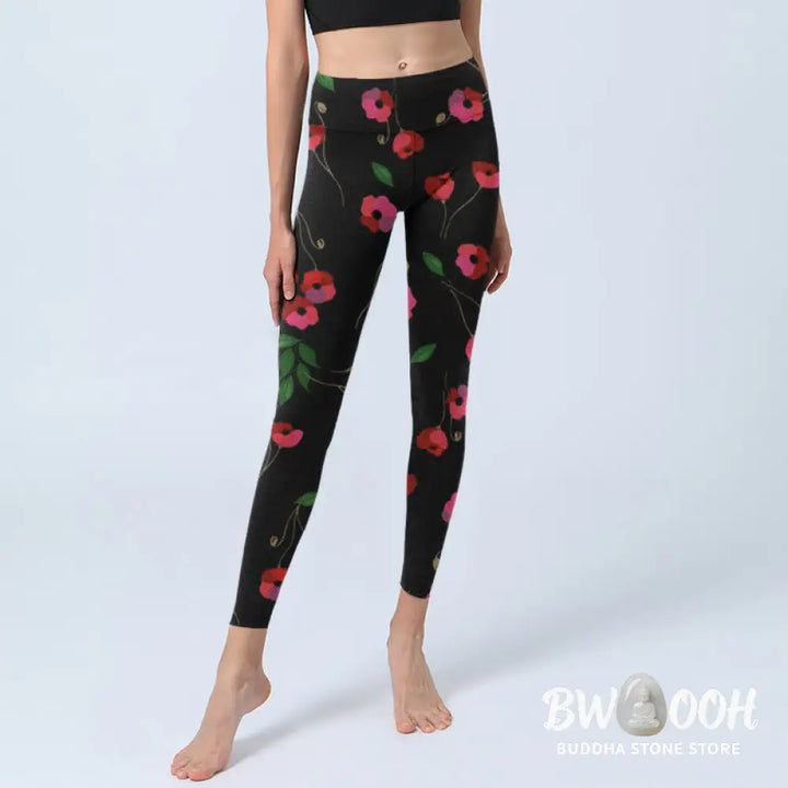 BWOOOH printed yoga leggings - Vibrant Red Flowers Green Leaves Print G