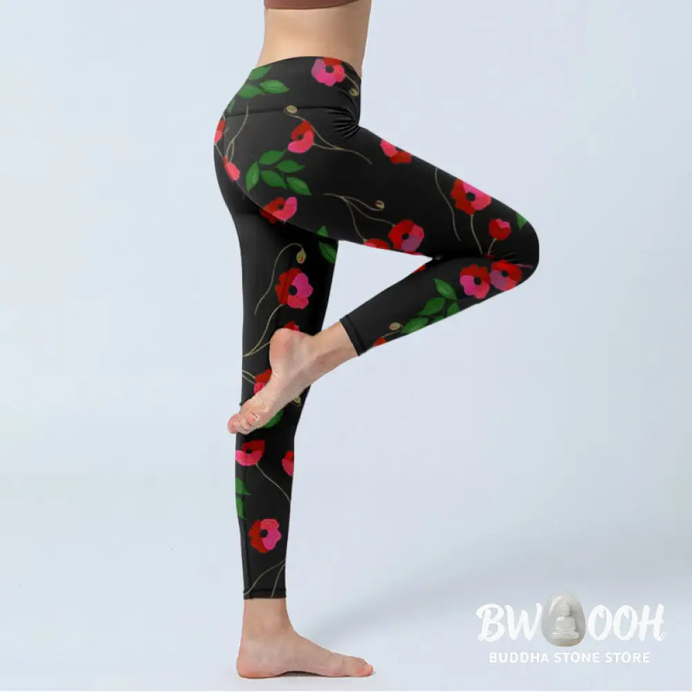 BWOOOH printed yoga leggings - Vibrant Red Flowers Green Leaves Print G