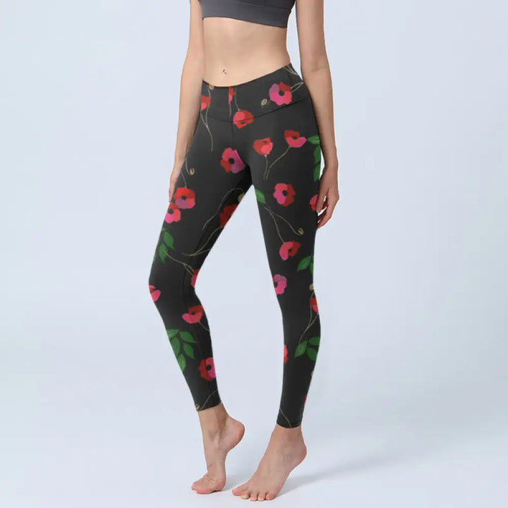 BWOOOH printed yoga leggings - Vibrant Red Flowers Green Leaves Print G