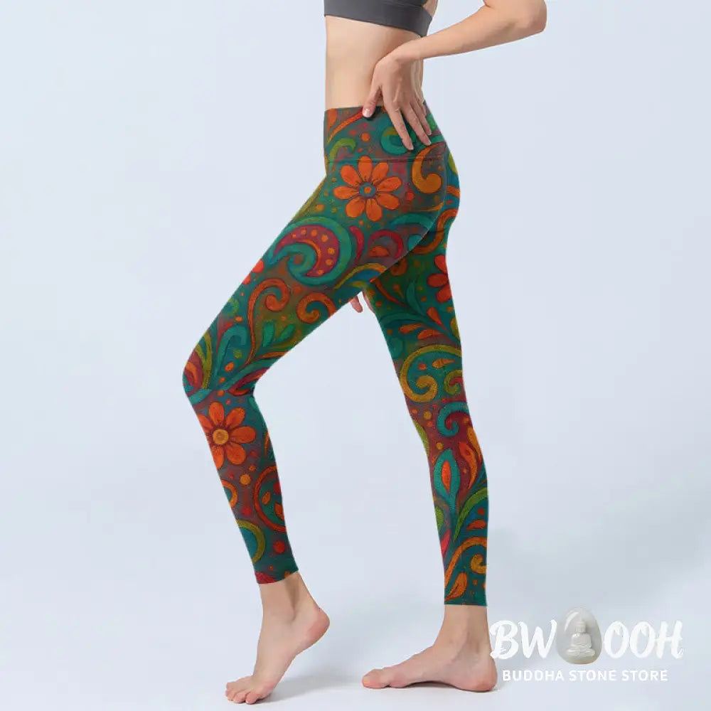 Buddha Stones Vibrant Swirling Florals Paisley Print Gym Leggings Women&