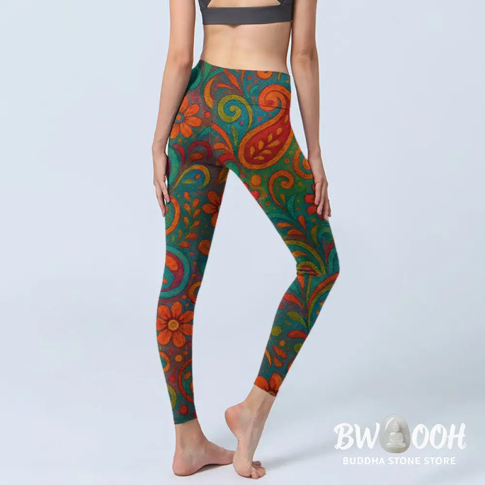 Buddha Stones Vibrant Swirling Florals Paisley Print Gym Leggings Women&