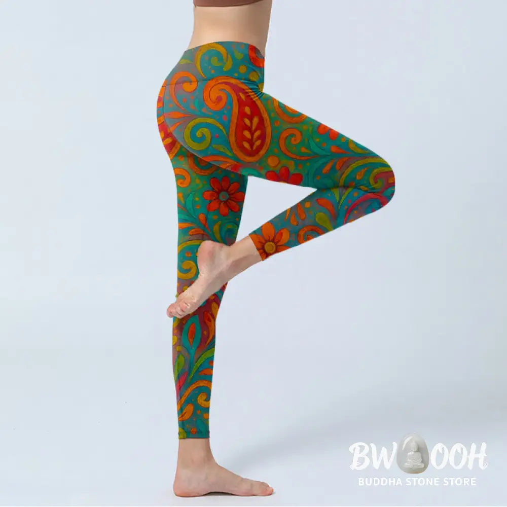 Buddha Stones Vibrant Swirling Florals Paisley Print Gym Leggings Women&