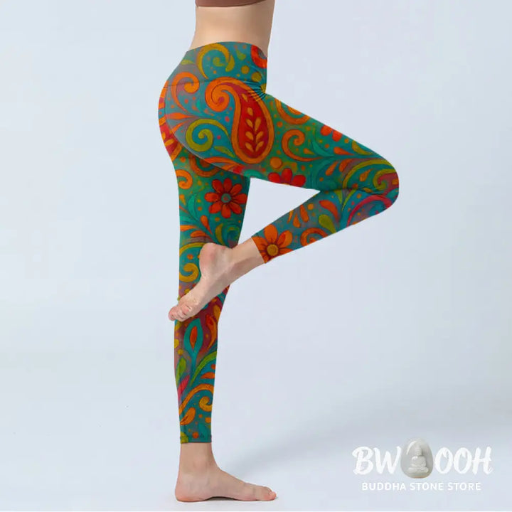 Buddha Stones Vibrant Swirling Florals Paisley Print Gym Leggings Women&