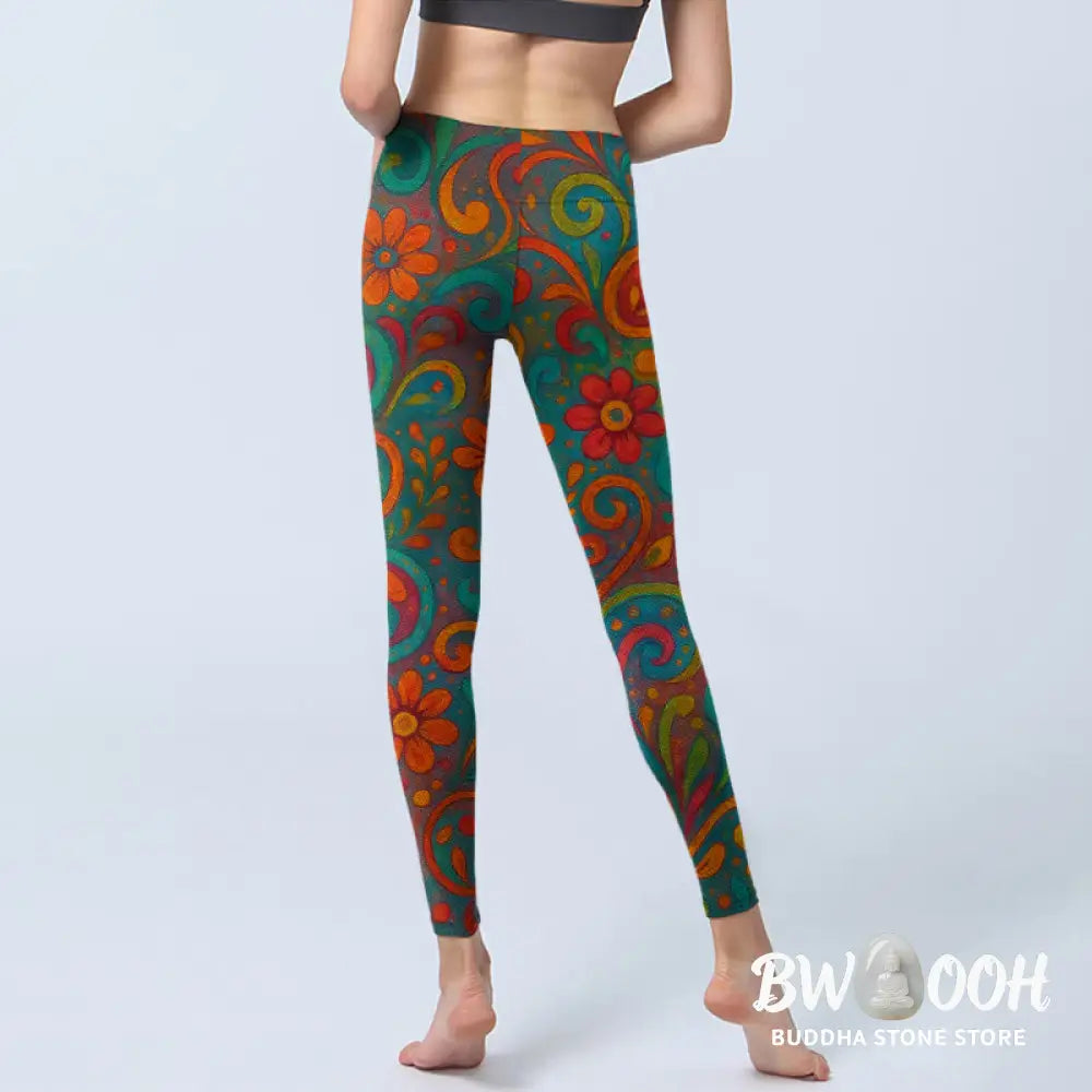 Buddha Stones Vibrant Swirling Florals Paisley Print Gym Leggings Women&