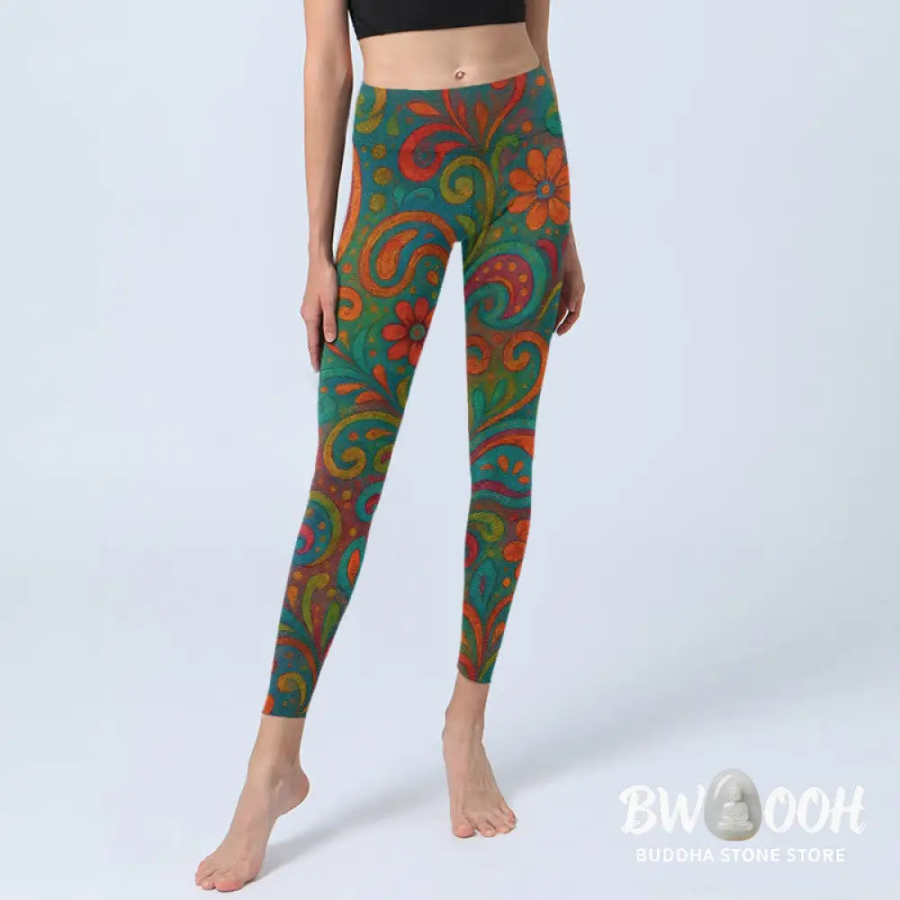 Buddha Stones Vibrant Swirling Florals Paisley Print Gym Leggings Women&