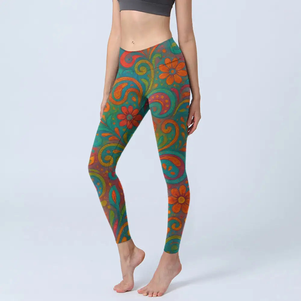 BWOOOH printed yoga leggings - Vibrant Swirling Florals Paisley Print G