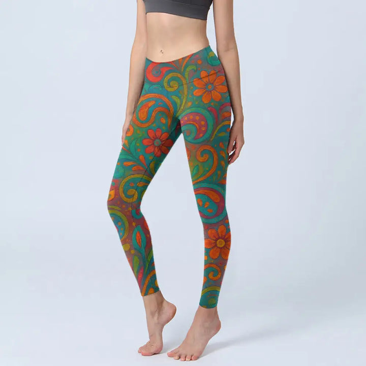 BWOOOH printed yoga leggings - Vibrant Swirling Florals Paisley Print G