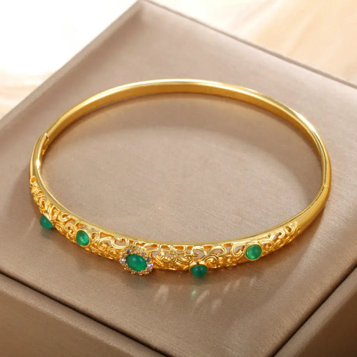 Buddha Stones Vine Design Alloy Zircon Luck Bracelet Bangle - BWOOOH - Green / 56mm(Can Be Opened) - Bracelet Bangle