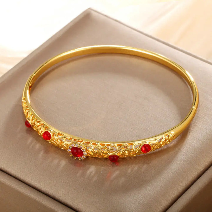 Buddha Stones Vine Design Alloy Zircon Luck Bracelet Bangle - BWOOOH - Red / 56mm(Can Be Opened) - Bracelet Bangle