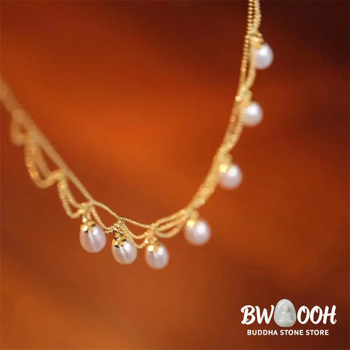 Buddha Stones Vintage 14K Gold Plated Pearl Bead Healing Multilayer Necklace Pendant - BWOOOH - Pearl(Healing♥Wisdom)