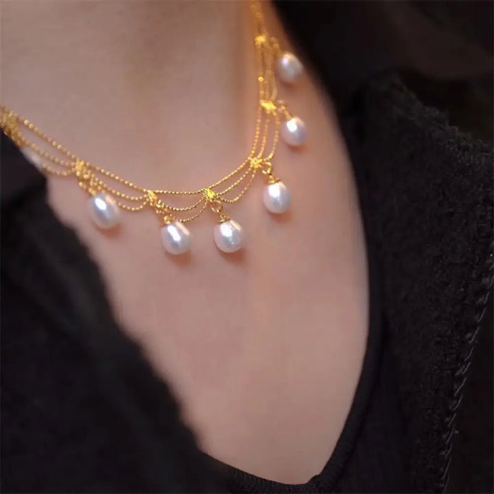 Buddha Stones Vintage 14K Gold Plated Pearl Bead Healing Multilayer Necklace Pendant - BWOOOH - Pearl(Healing♥Wisdom)