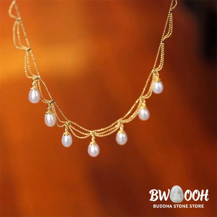 Buddha Stones Vintage 14K Gold Plated Pearl Bead Healing Multilayer Necklace Pendant - BWOOOH - Pearl(Healing♥Wisdom)