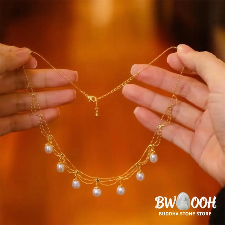 Buddha Stones Vintage 14K Gold Plated Pearl Bead Healing Multilayer Necklace Pendant - BWOOOH - Pearl(Healing♥Wisdom)