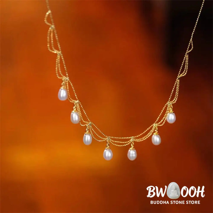 Buddha Stones Vintage 14K Gold Plated Pearl Bead Healing Multilayer Necklace Pendant - BWOOOH - Pearl(Healing♥Wisdom)