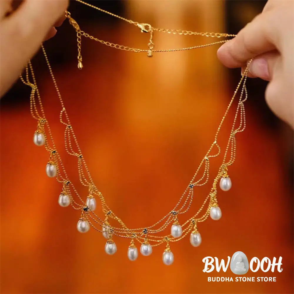Buddha Stones Vintage 14K Gold Plated Pearl Bead Healing Multilayer Necklace Pendant - BWOOOH - Pearl(Healing♥Wisdom)