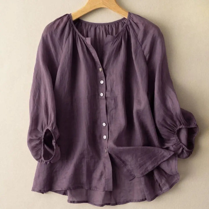 Buddha Stones Vintage Button Three Quarter Puff Sleeve V-Neck Women’s Shirt - DarkMagenta / US4，UK/AU8，EU36 (L)
