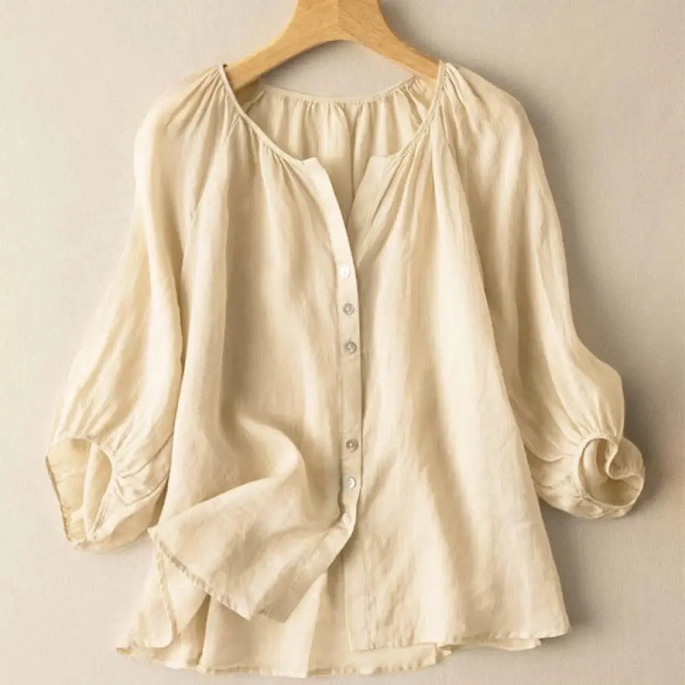 Buddha Stones Vintage Button Three Quarter Puff Sleeve V-Neck Women’s Shirt - PaleGoldenrod / US4，UK/AU8，EU36 (L)