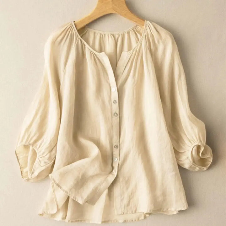Buddha Stones Vintage Button Three Quarter Puff Sleeve V-Neck Women’s Shirt - PaleGoldenrod / US4，UK/AU8，EU36 (L)