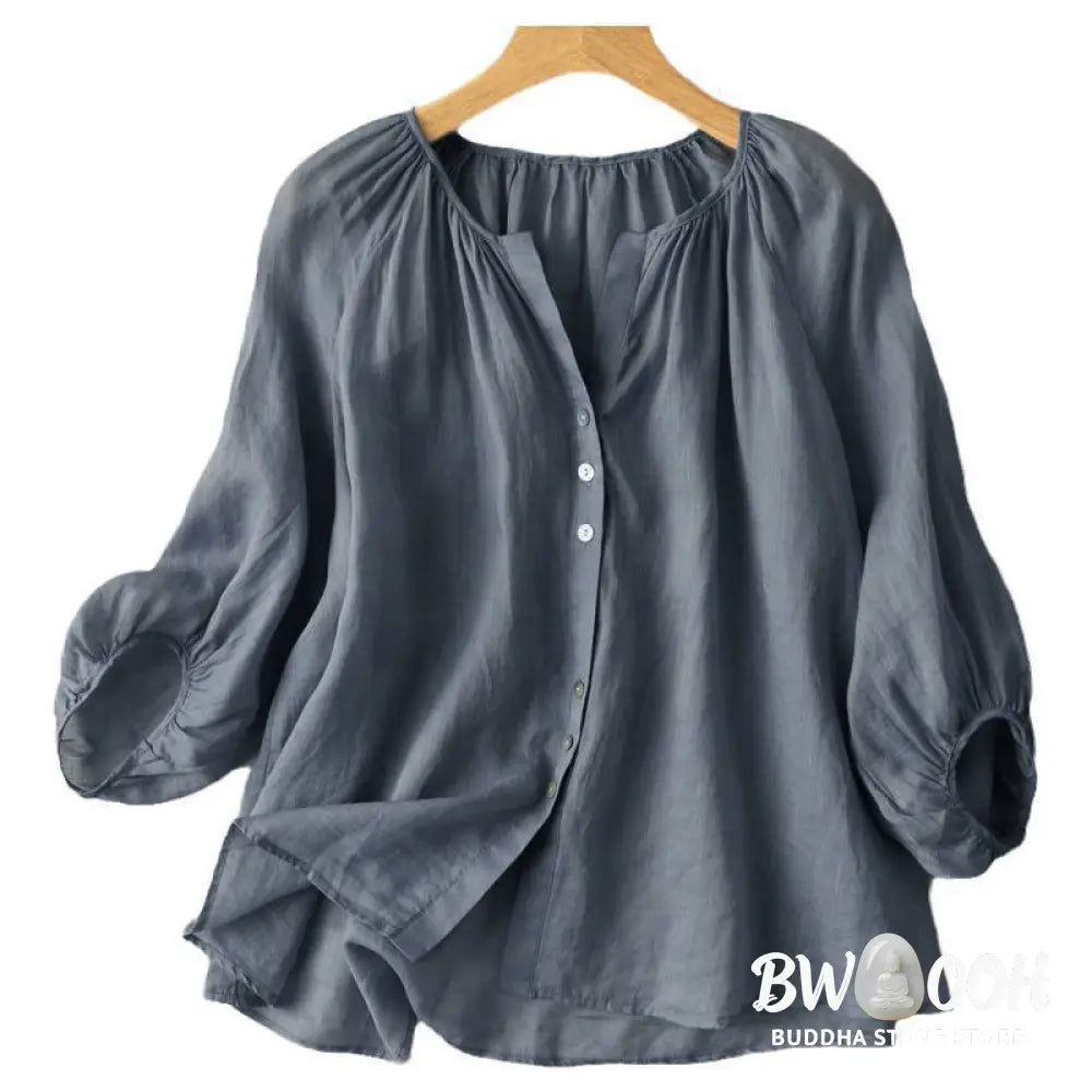 Buddha Stones Vintage Button Three Quarter Puff Sleeve V-Neck Women’s Shirt - Women’s Shirts