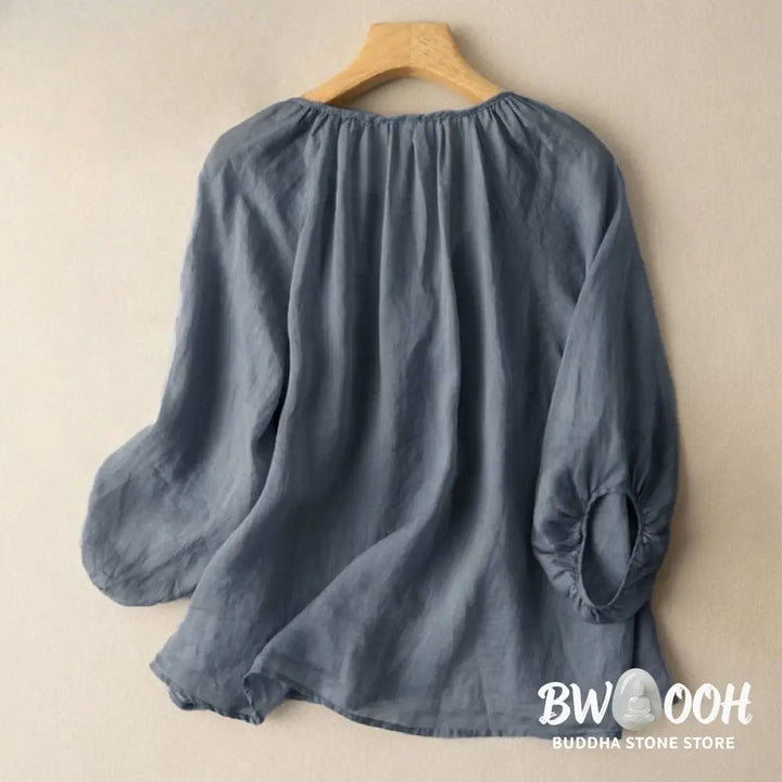 Buddha Stones Vintage Button Three Quarter Puff Sleeve V-Neck Women’s Shirt - Women’s Shirts