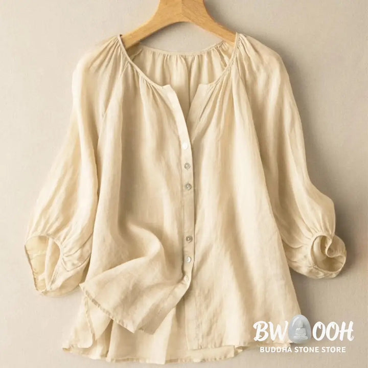 Buddha Stones Vintage Button Three Quarter Puff Sleeve V-Neck Women’s Shirt - Women’s Shirts