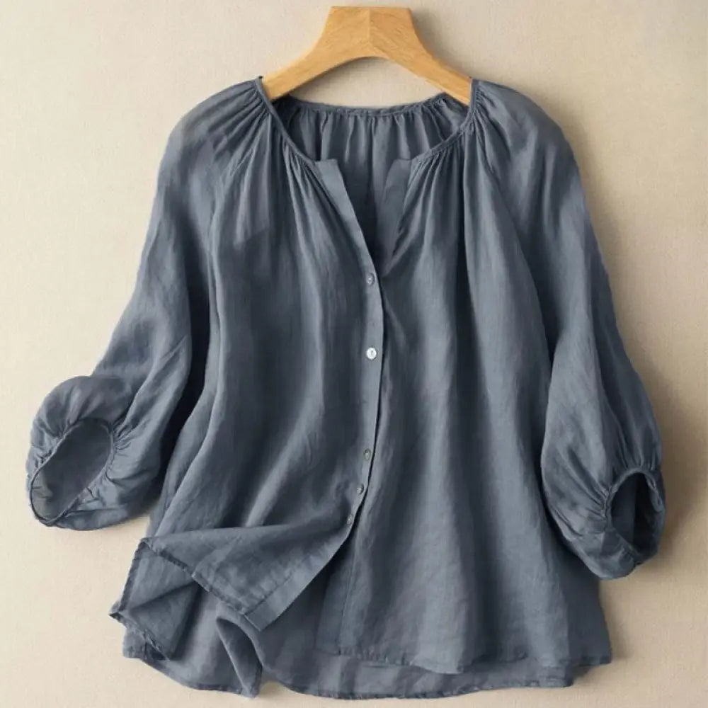 BWOOOH Vintage Button Three Quarter Puff Sleeve V-Neck Wo