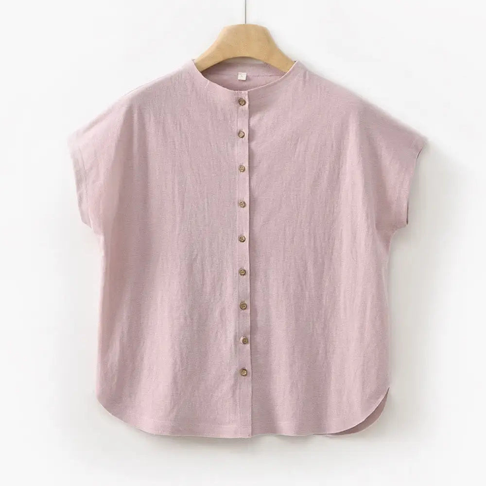 Buddha Stones Vintage Buttons Design Stand Collar Cotton Short Sleeve Women’s Shirt - Pink / US4，UK/AU8，EU36 (L)