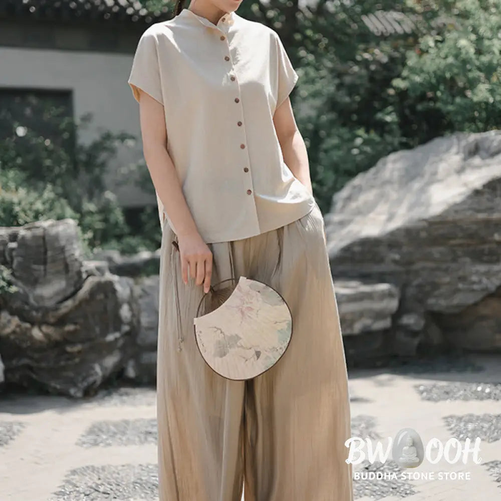 Buddha Stones Vintage Buttons Design Stand Collar Cotton Short Sleeve Women’s Shirt - Women’s Shirts