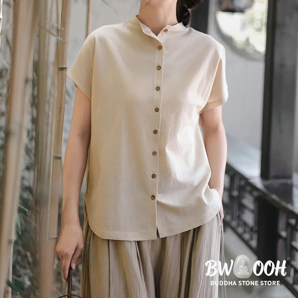 Buddha Stones Vintage Buttons Design Stand Collar Cotton Short Sleeve Women’s Shirt - Women’s Shirts