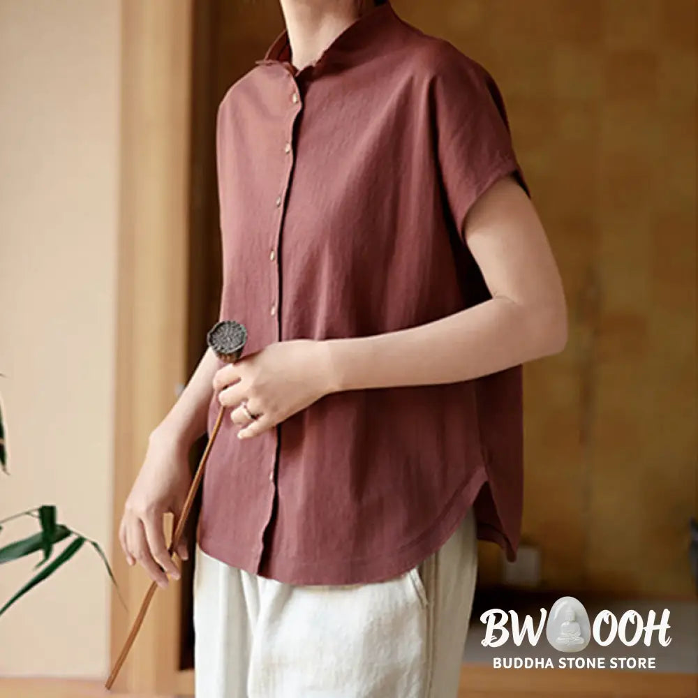 Buddha Stones Vintage Buttons Design Stand Collar Cotton Short Sleeve Women’s Shirt - Women’s Shirts