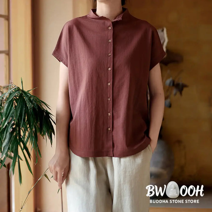 Buddha Stones Vintage Buttons Design Stand Collar Cotton Short Sleeve Women’s Shirt - Women’s Shirts