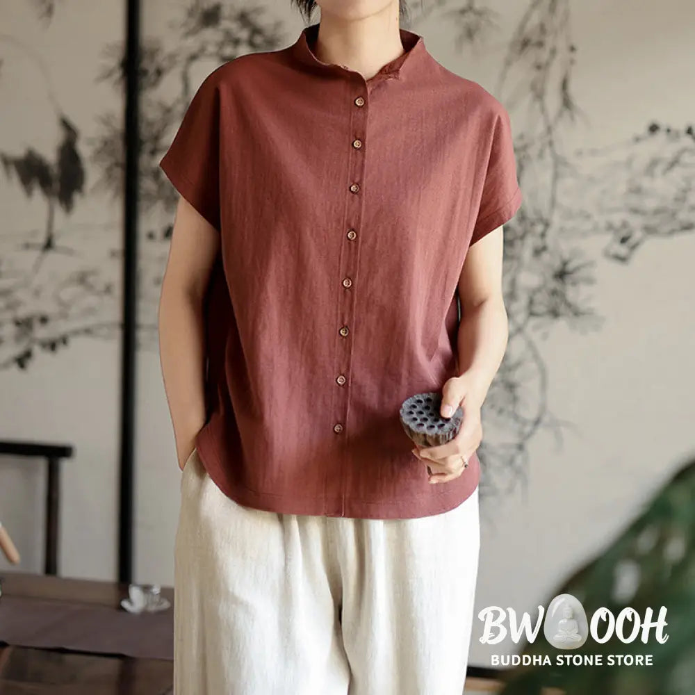 Buddha Stones Vintage Buttons Design Stand Collar Cotton Short Sleeve Women’s Shirt - Women’s Shirts