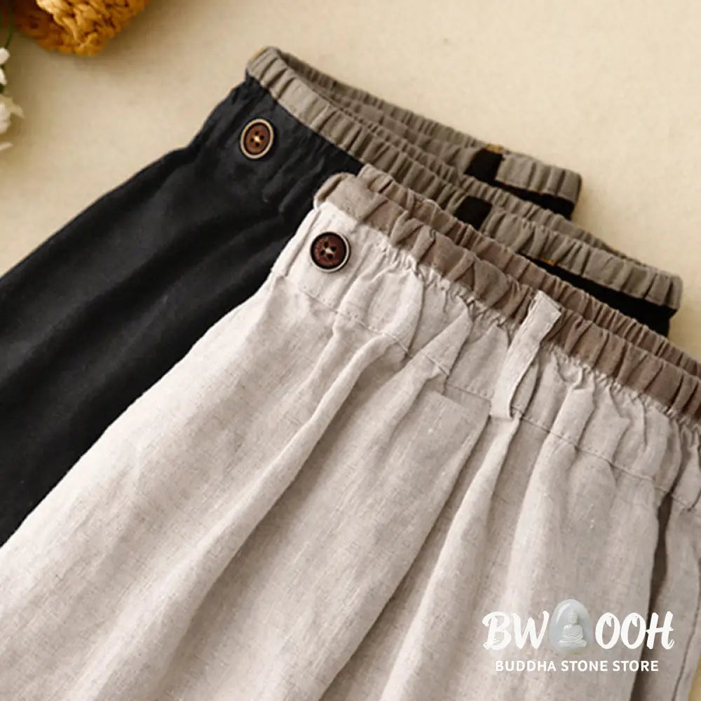 Buddha Stones Vintage Casual Plain Side Slit Elastic Waist Cotton Linen Women’s Skirt With Pockets - Skirt