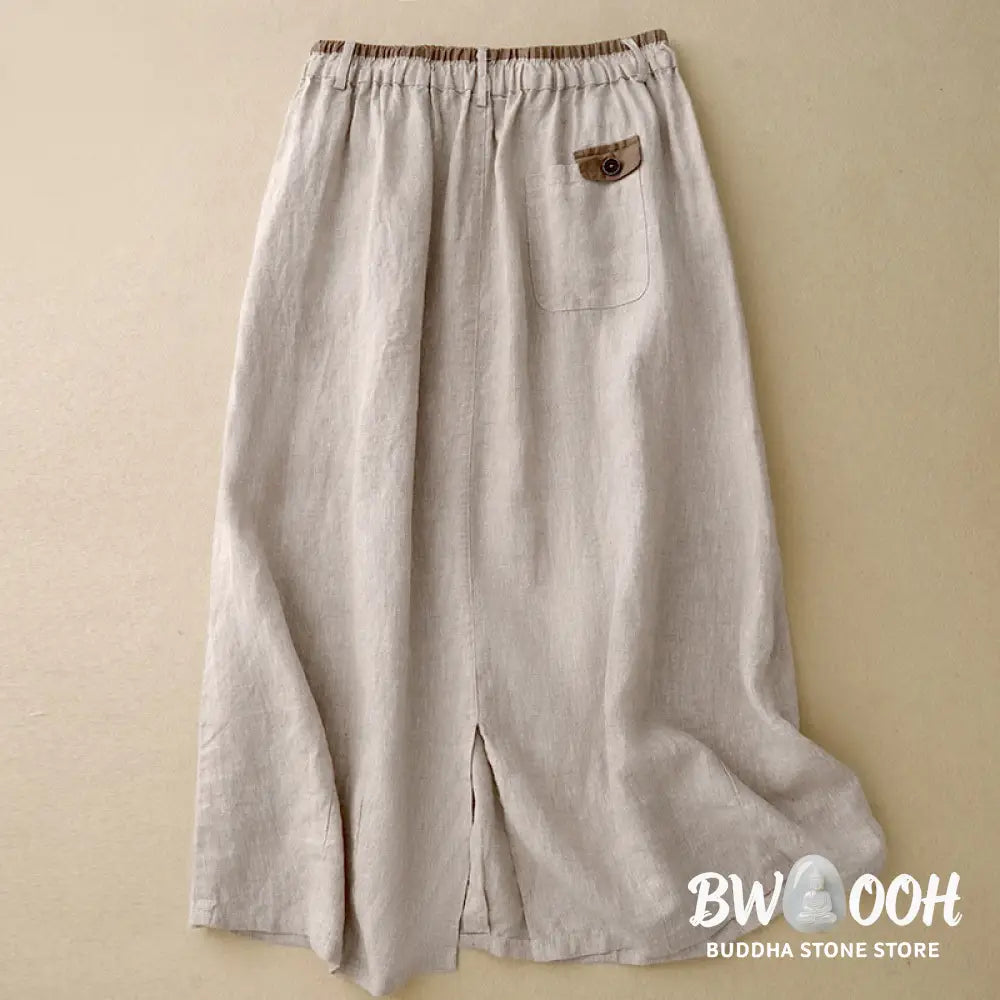 Buddha Stones Vintage Casual Plain Side Slit Elastic Waist Cotton Linen Women’s Skirt With Pockets - Skirt