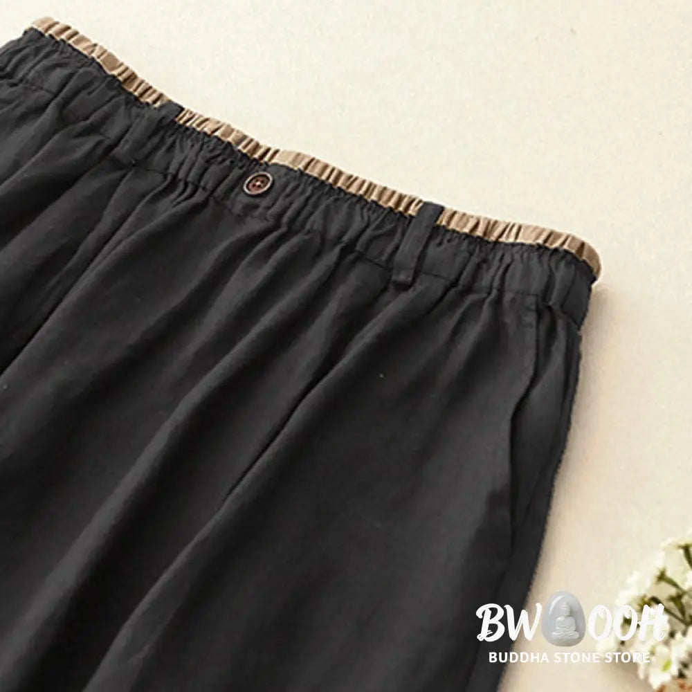 Buddha Stones Vintage Casual Plain Side Slit Elastic Waist Cotton Linen Women’s Skirt With Pockets - Skirt