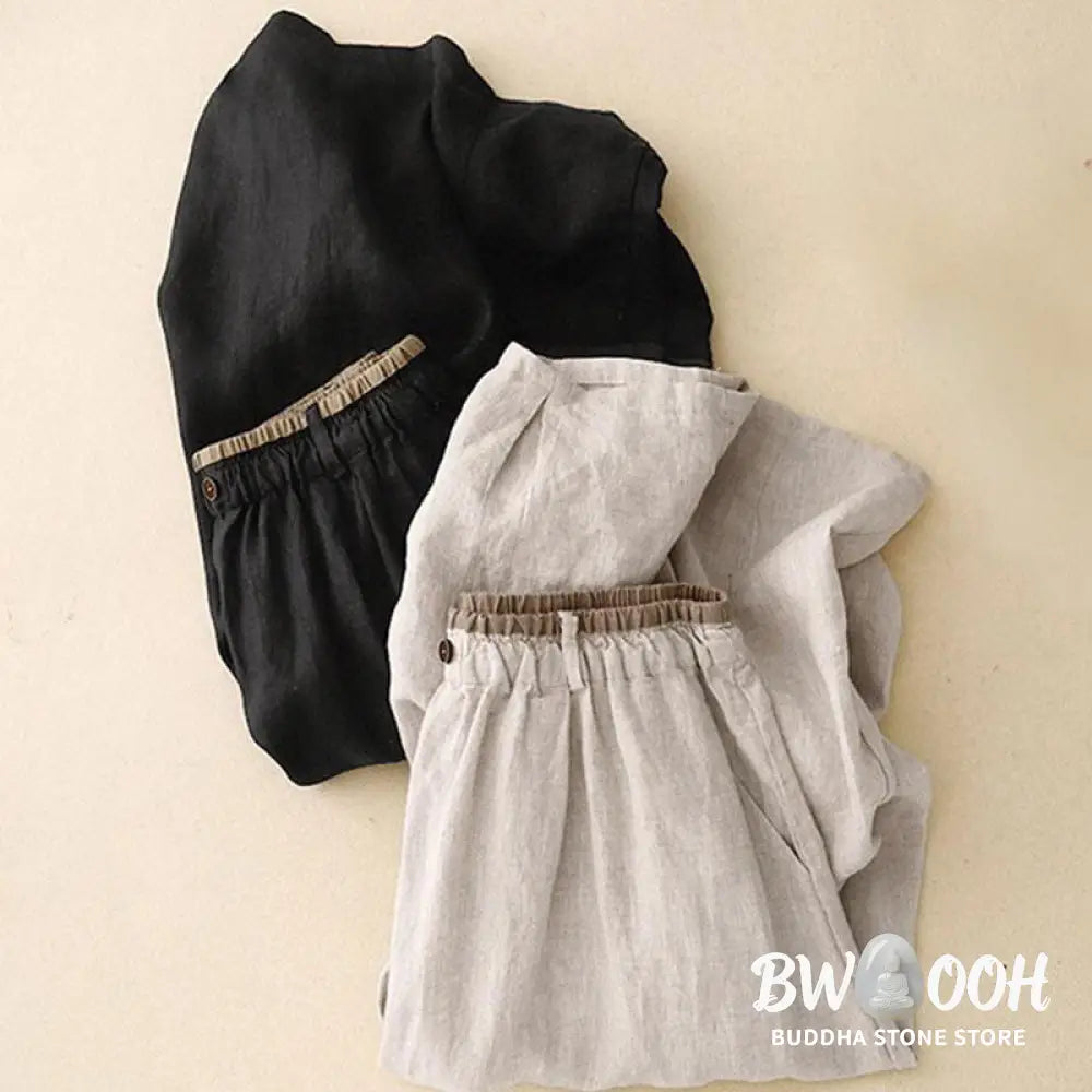 Buddha Stones Vintage Casual Plain Side Slit Elastic Waist Cotton Linen Women’s Skirt With Pockets - Skirt
