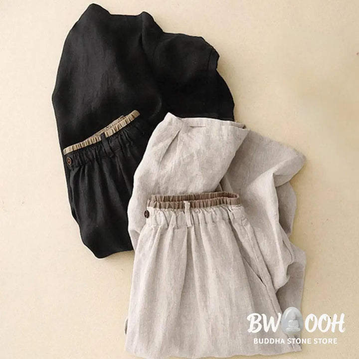 Buddha Stones Vintage Casual Plain Side Slit Elastic Waist Cotton Linen Women’s Skirt With Pockets - Skirt
