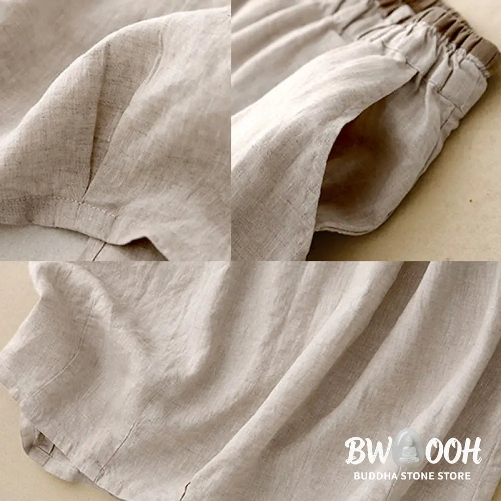 Buddha Stones Vintage Casual Plain Side Slit Elastic Waist Cotton Linen Women’s Skirt With Pockets - Skirt