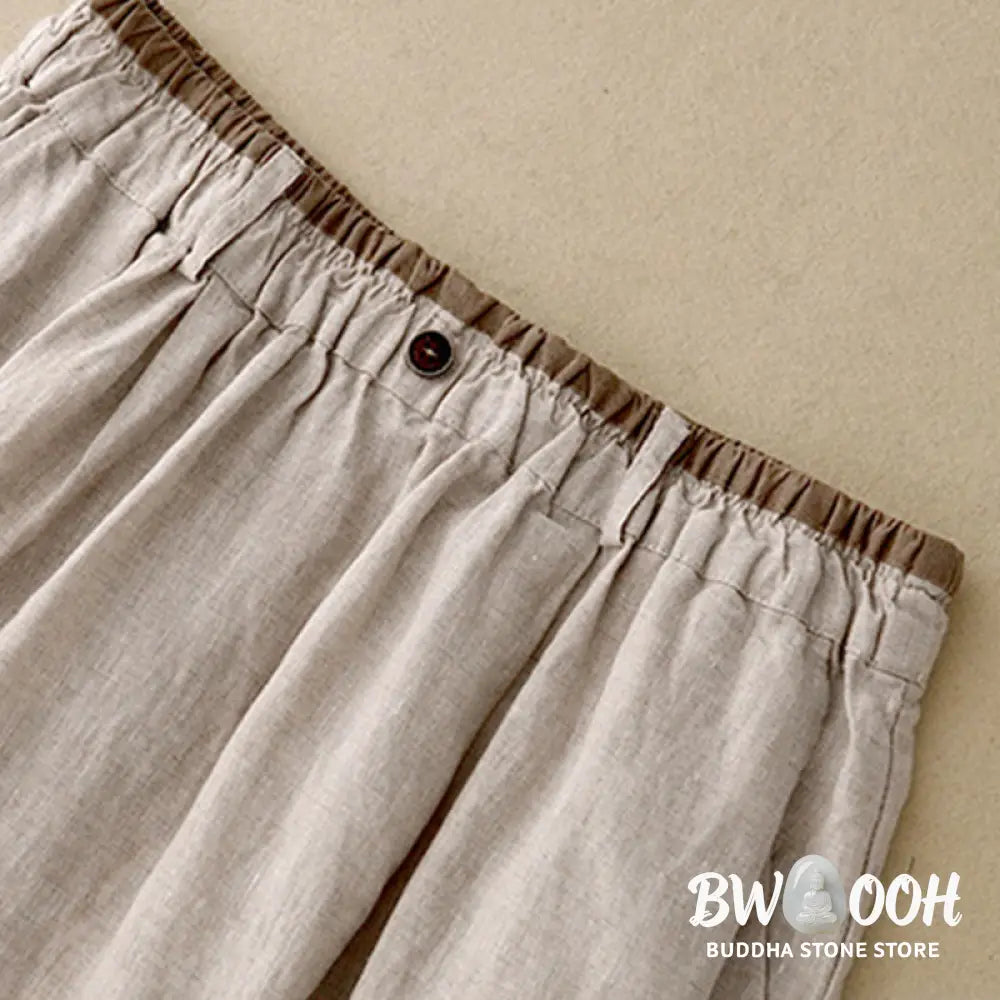 Buddha Stones Vintage Casual Plain Side Slit Elastic Waist Cotton Linen Women’s Skirt With Pockets - Skirt