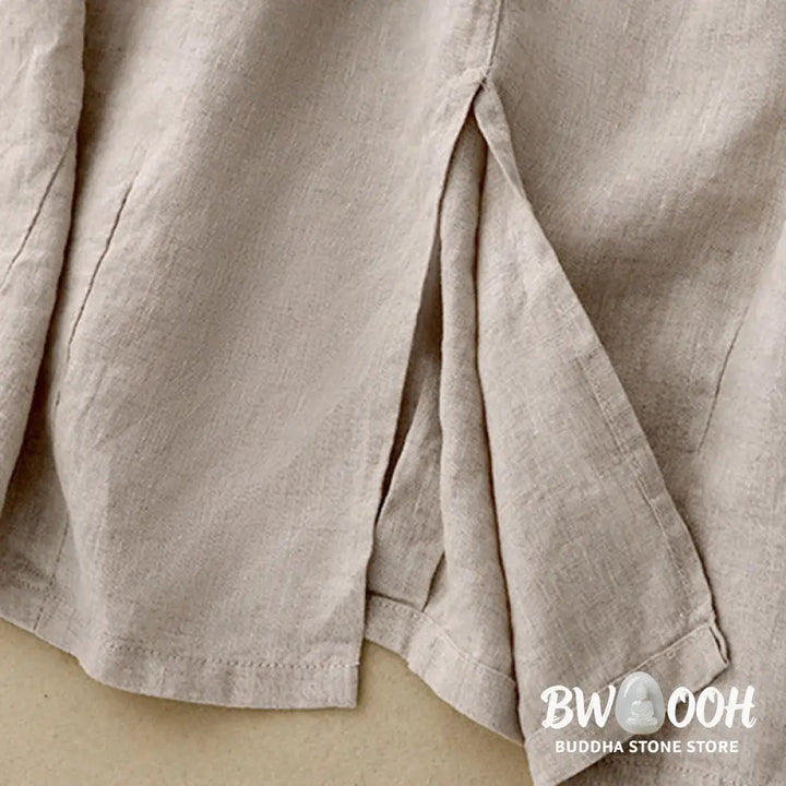 Buddha Stones Vintage Casual Plain Side Slit Elastic Waist Cotton Linen Women’s Skirt With Pockets - Skirt