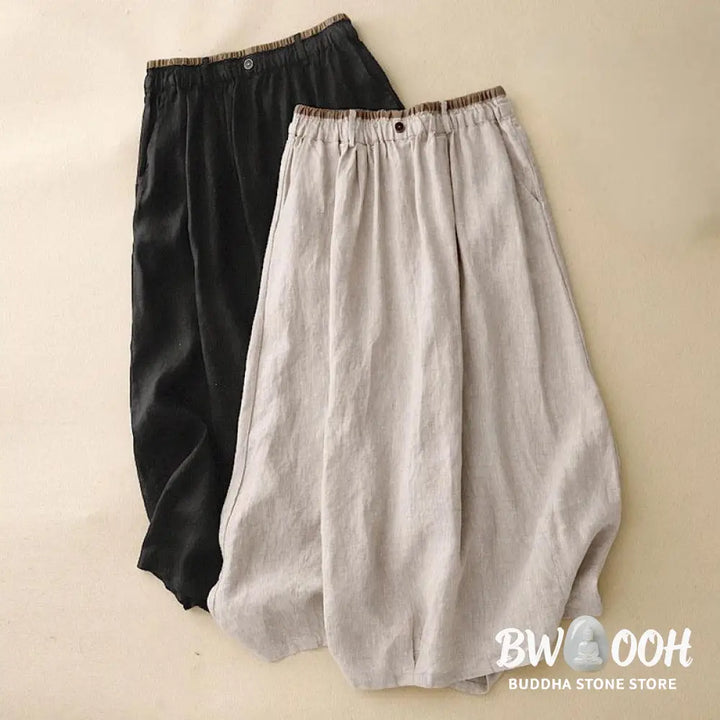 Buddha Stones Vintage Casual Plain Side Slit Elastic Waist Cotton Linen Women’s Skirt With Pockets - Skirt