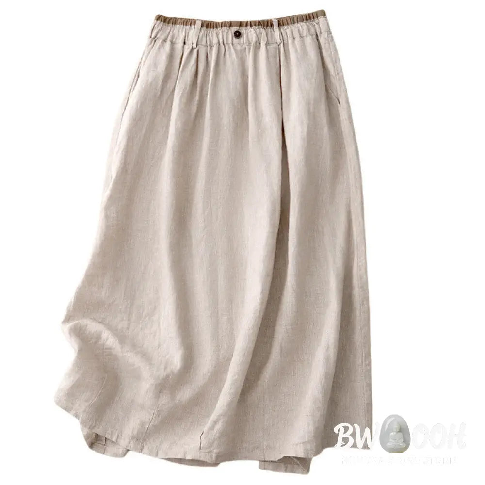 Buddha Stones Vintage Casual Plain Side Slit Elastic Waist Cotton Linen Women’s Skirt With Pockets - Skirt