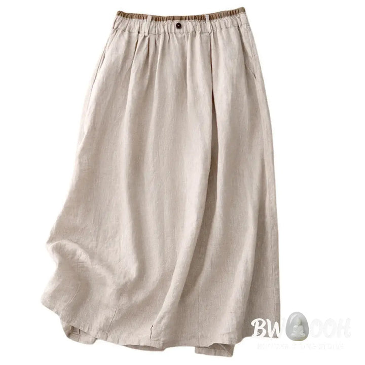 Buddha Stones Vintage Casual Plain Side Slit Elastic Waist Cotton Linen Women’s Skirt With Pockets - Skirt