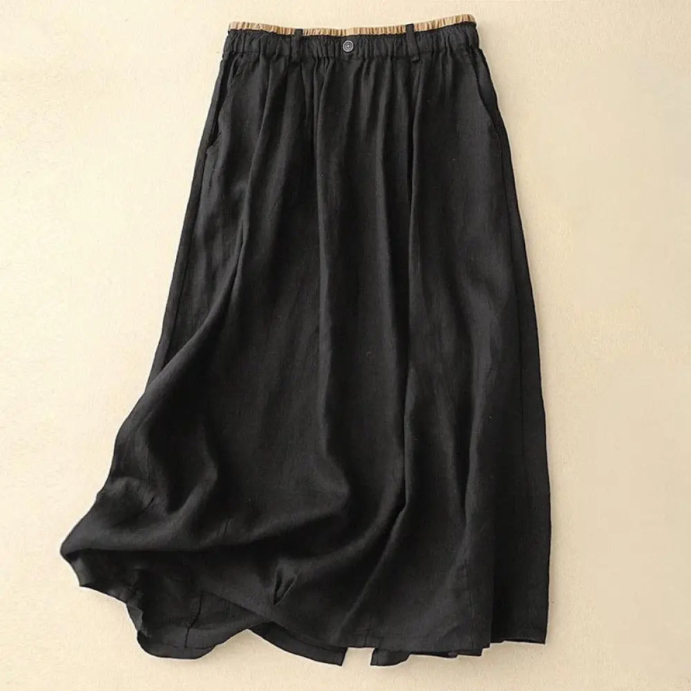 Buddha Stones Vintage Casual Plain Side Slit Elastic Waist Cotton Linen Women’s Skirt With Pockets - Black