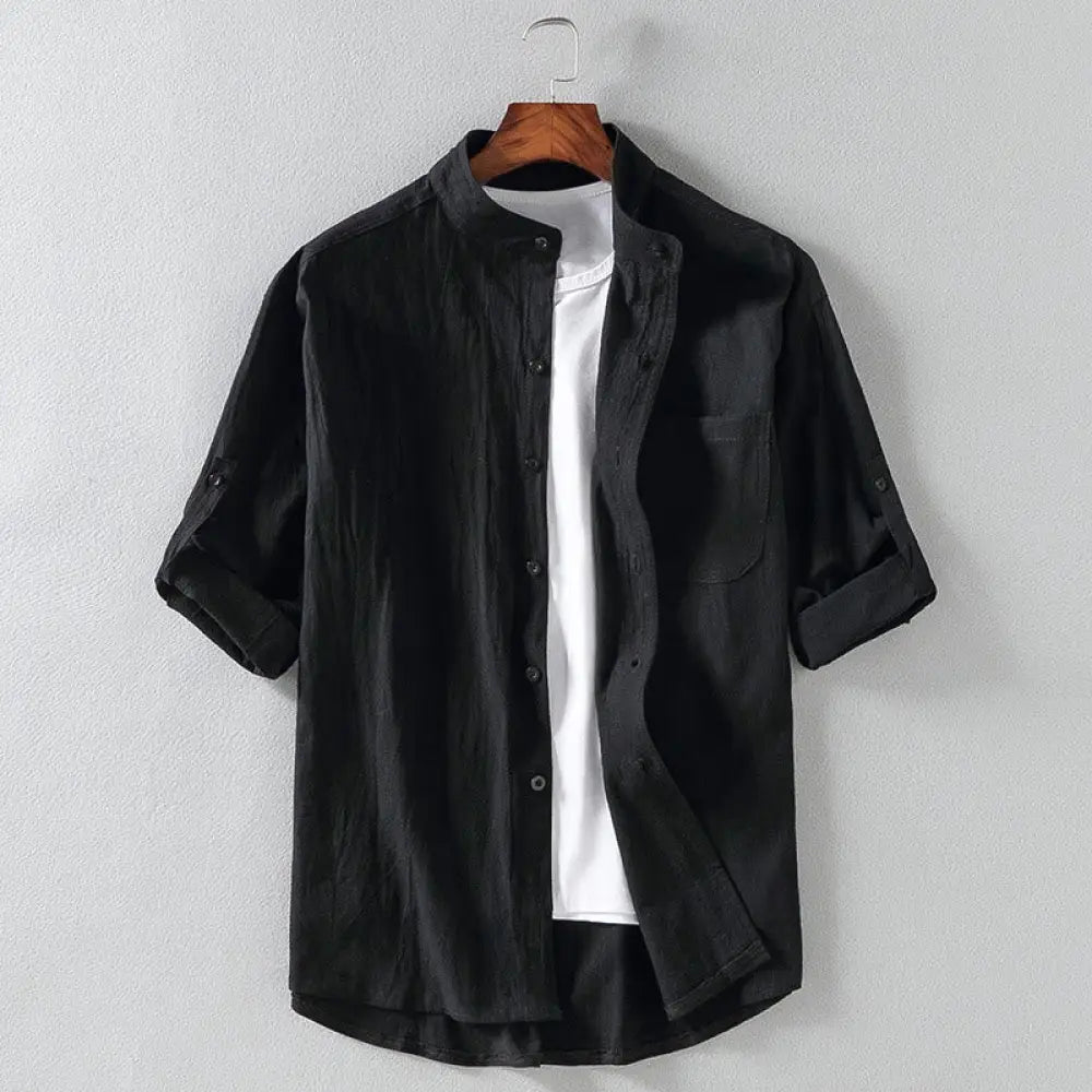 Buddha Stones Vintage Casual Plain Single Breasted Three Quarter Sleeve Men’s Cotton Linen Shirt With Pocket - Black