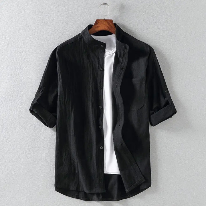 Buddha Stones Vintage Casual Plain Single Breasted Three Quarter Sleeve Men’s Cotton Linen Shirt With Pocket - Black