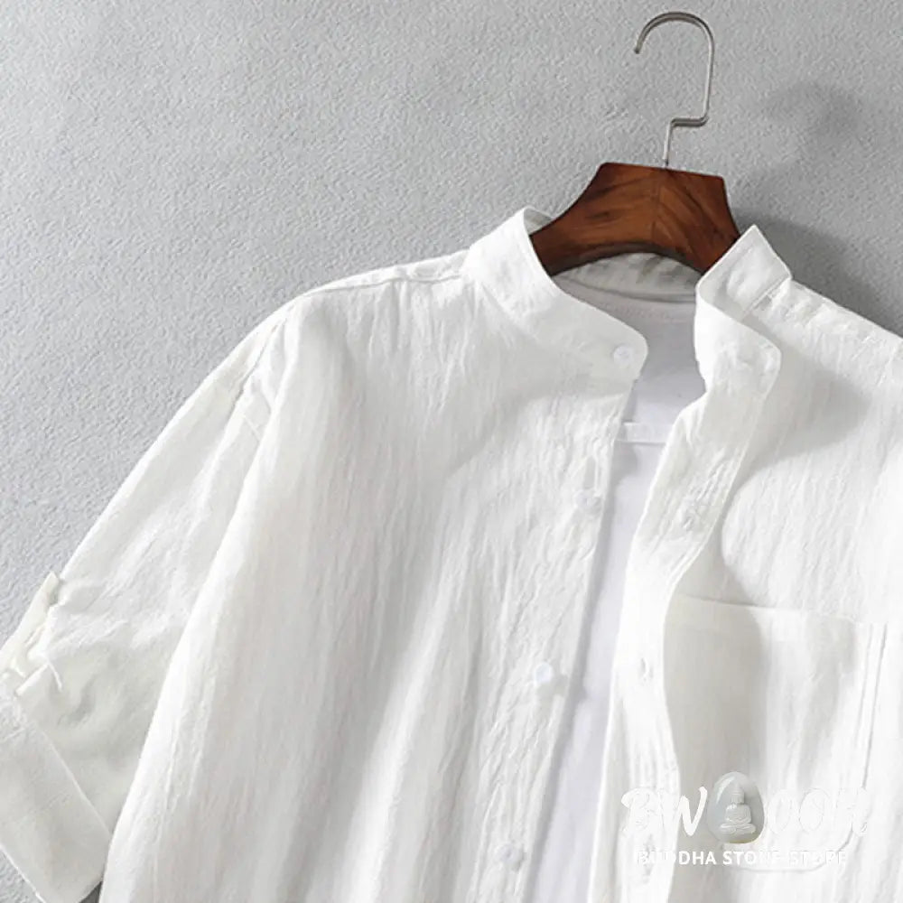 Buddha Stones Vintage Casual Plain Single Breasted Three Quarter Sleeve Men’s Cotton Linen Shirt With Pocket - Men’s